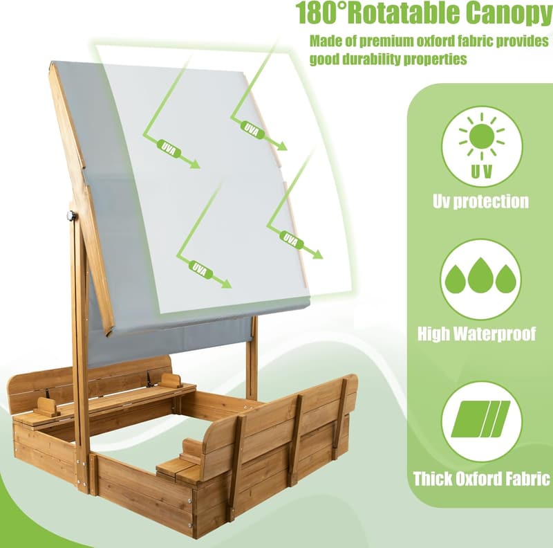 Kids' Outdoor Wooden Sandbox with Canopy & Foldable Benches