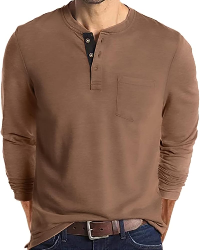 Men's Long Sleeve Cotton Henley Shirt with Pocket