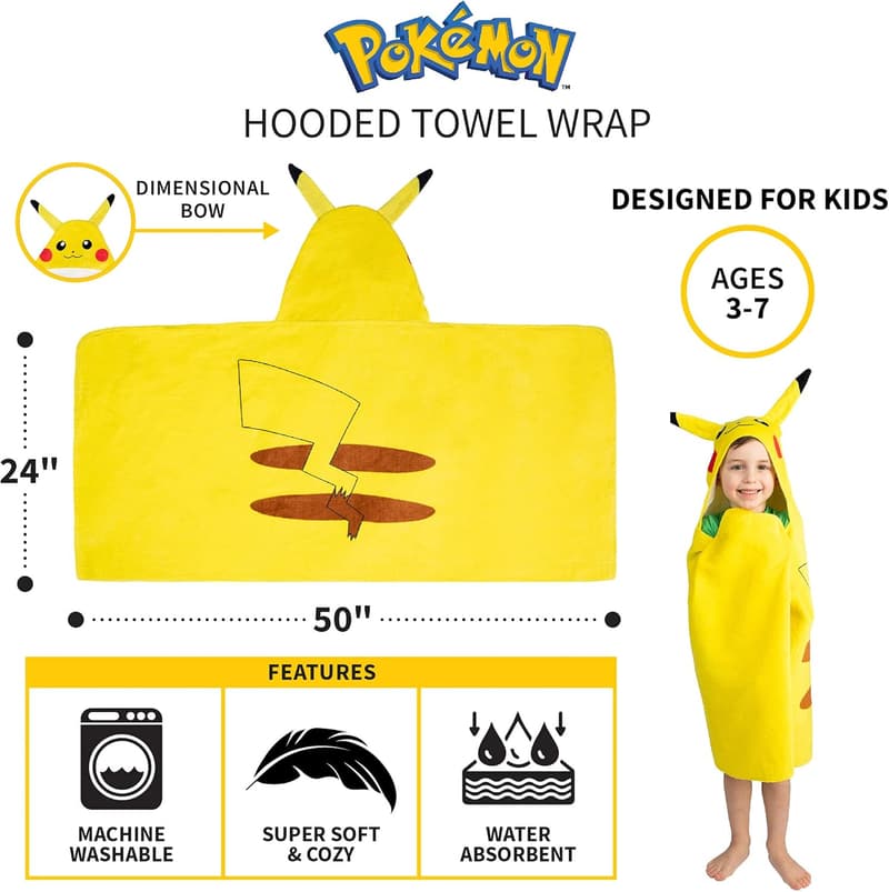 Pikachu Hooded Bath Towel Wrap for Kids, 24