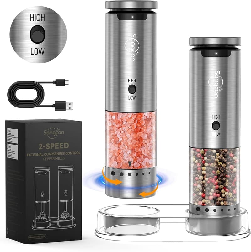 Rechargeable Electric Salt & Pepper Grinder Set - Silver, 2-Speed