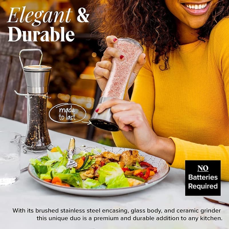 Stainless Steel Salt & Pepper Grinder Set - Refillable, Adjustable Coarseness