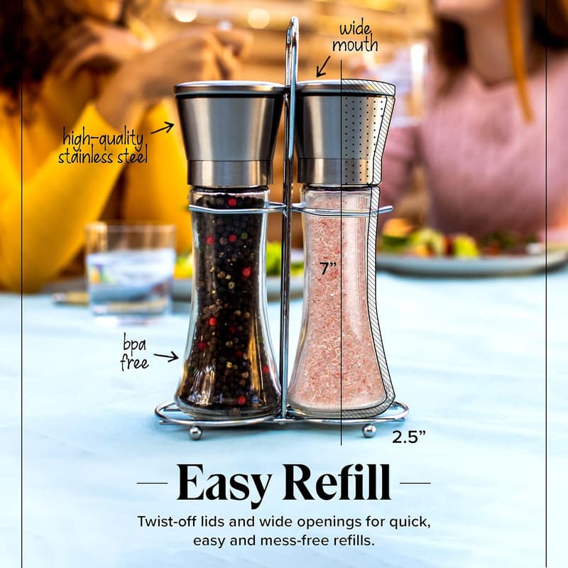Stainless Steel Salt & Pepper Grinder Set - Refillable, Adjustable Coarseness