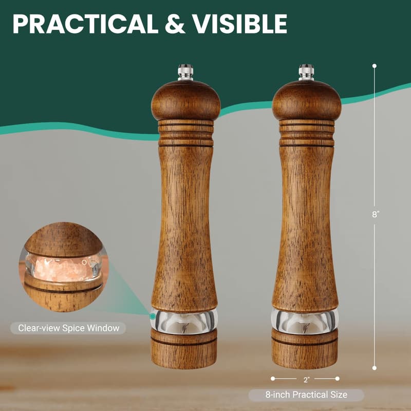 Adjustable 8-Inch Wooden Salt and Pepper Mill Set