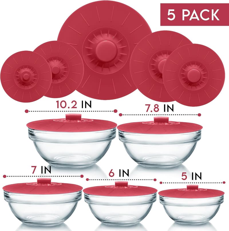 Reusable Silicone Bowl Lids Set of 5 - Food Safe Suction Covers