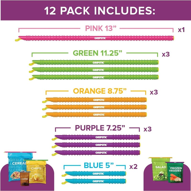Assorted GripStic Bag Clips Set - 12 Durable & Reusable Clips