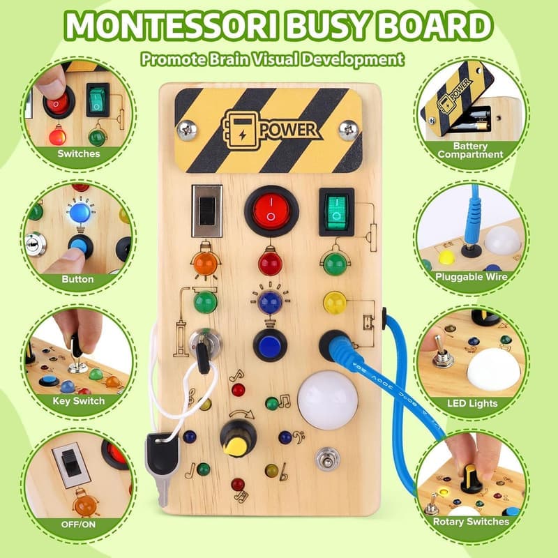 Toddler Busy Board with LED Light - Montessori Sensory Toy
