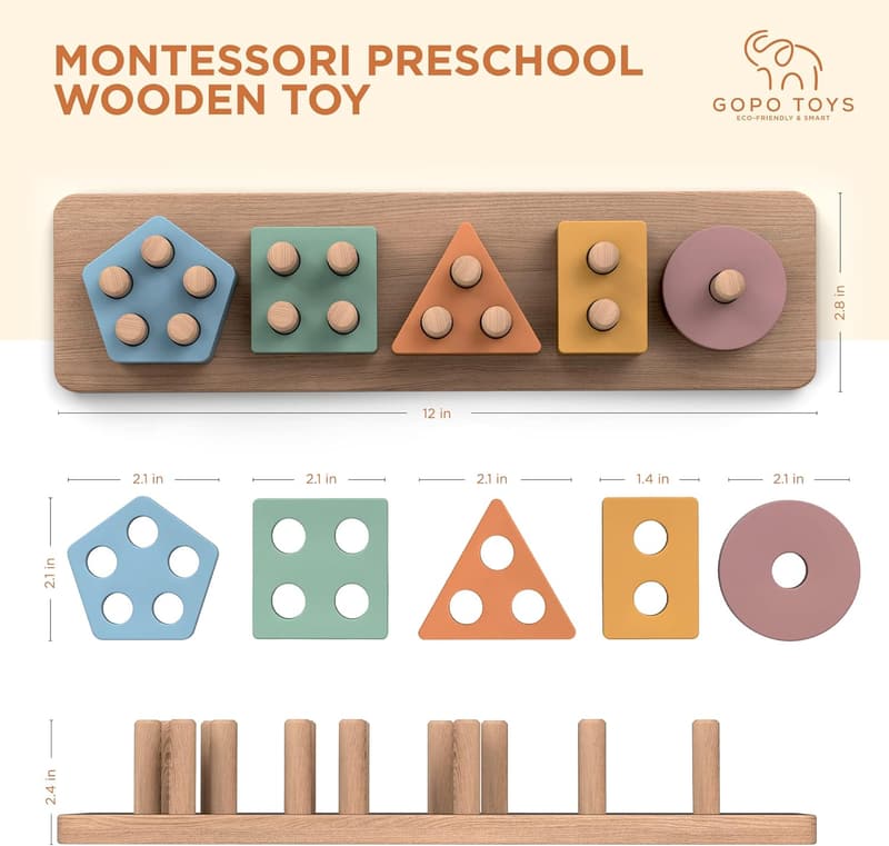 Montessori Wooden Sorting Stacking Toys for Toddlers 18+ Months