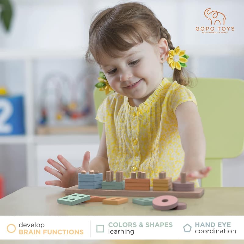 Montessori Wooden Sorting Stacking Toys for Toddlers 18+ Months