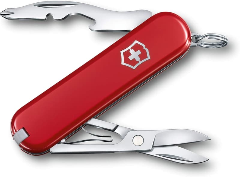 Compact Swiss Army Knife with 7 Functions & Key Ring – Red