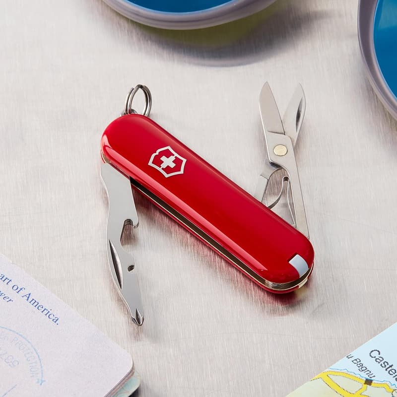 Compact Swiss Army Knife with 7 Functions & Key Ring – Red