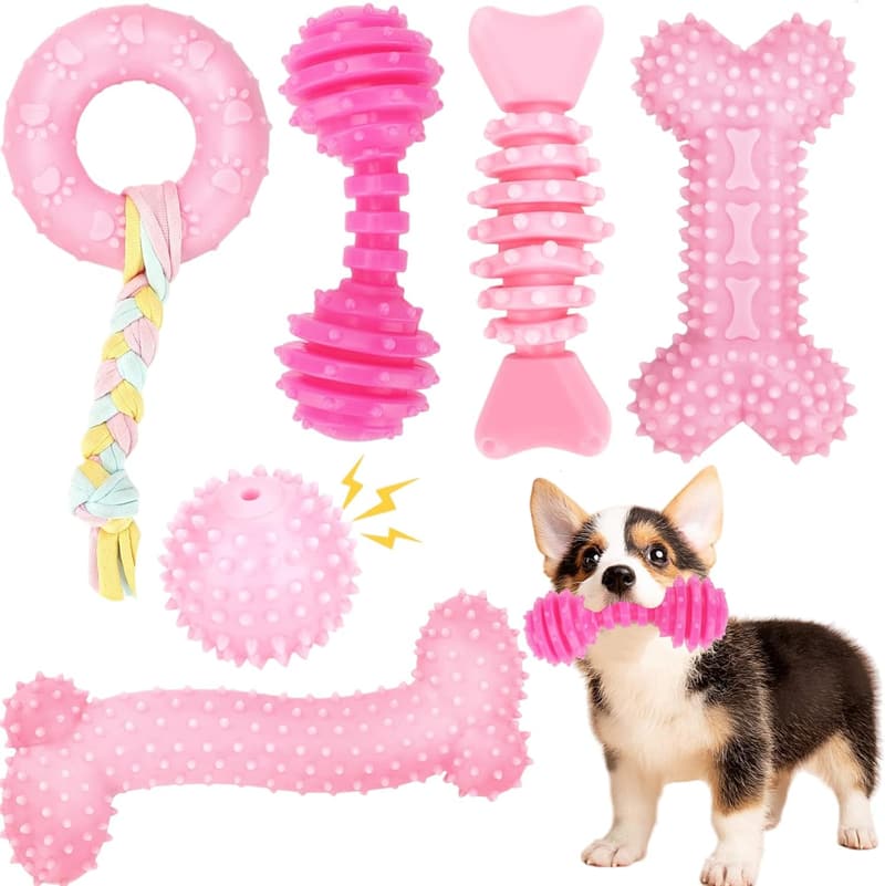 Cute Pink Puppy Chew Toys Set - 6 Pack Durable Teething Toys