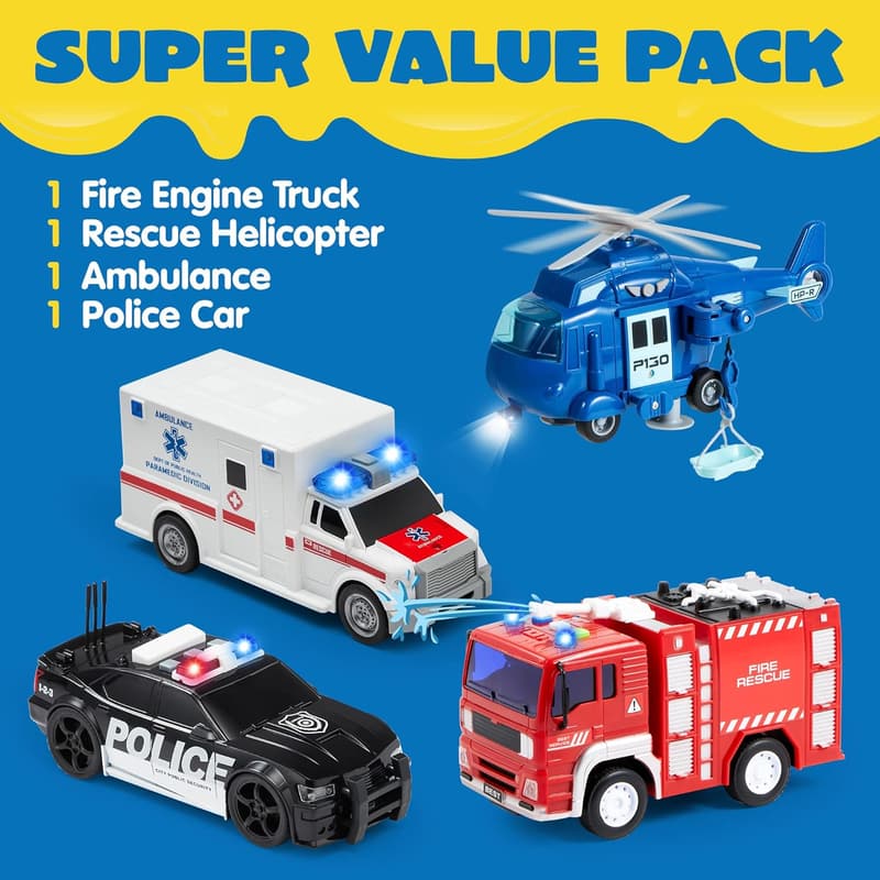 Christmas Emergency Vehicle Toy Set with Lights & Sounds for Kids