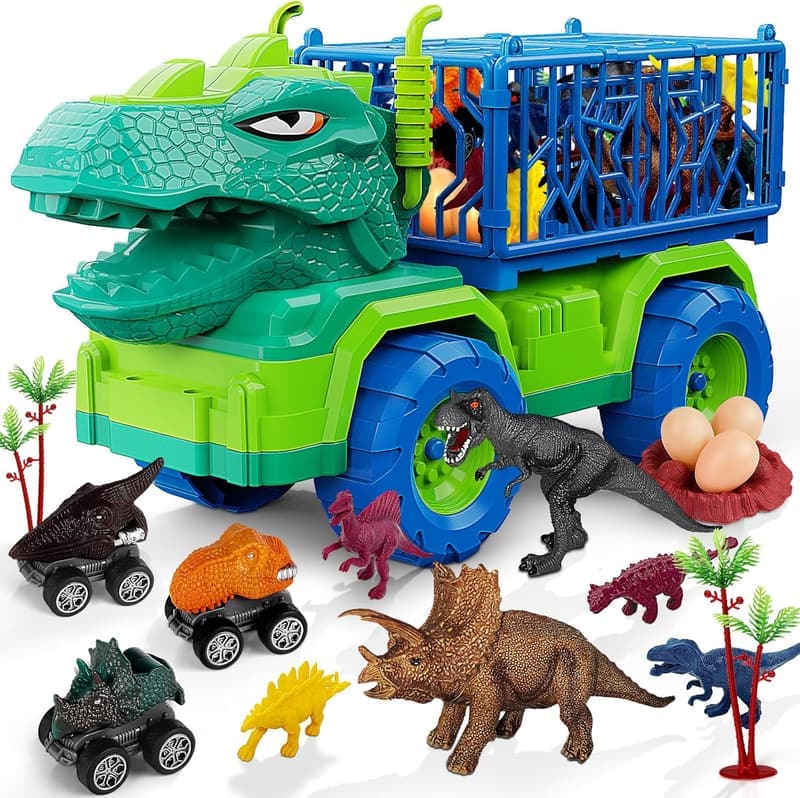 Dinosaur Truck Set with 8 Figures & 3 Pull Back Cars for Kids