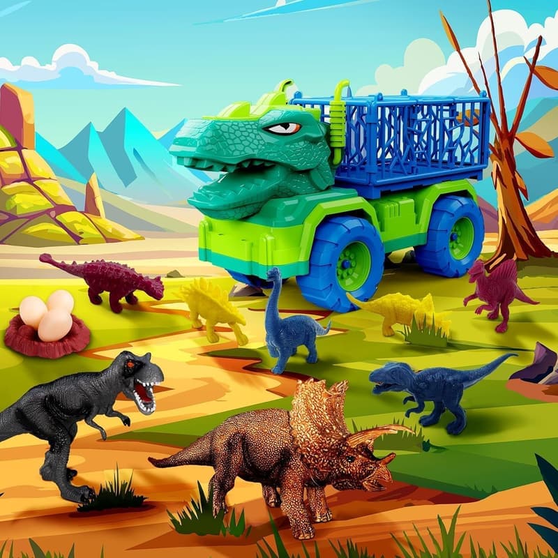 Dinosaur Truck Set with 8 Figures & 3 Pull Back Cars for Kids