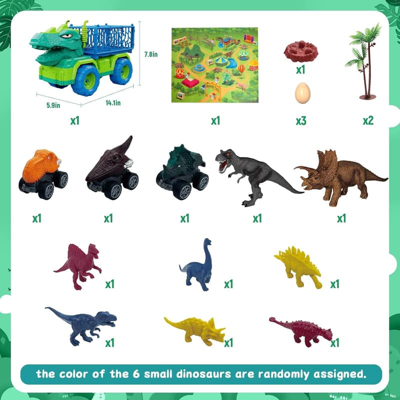 Dinosaur Truck Set with 8 Figures & 3 Pull Back Cars for Kids