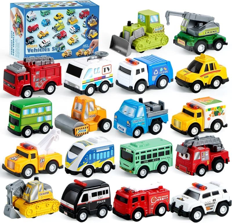 Educational Pull Back City Cars and Trucks Toy Set for Toddlers