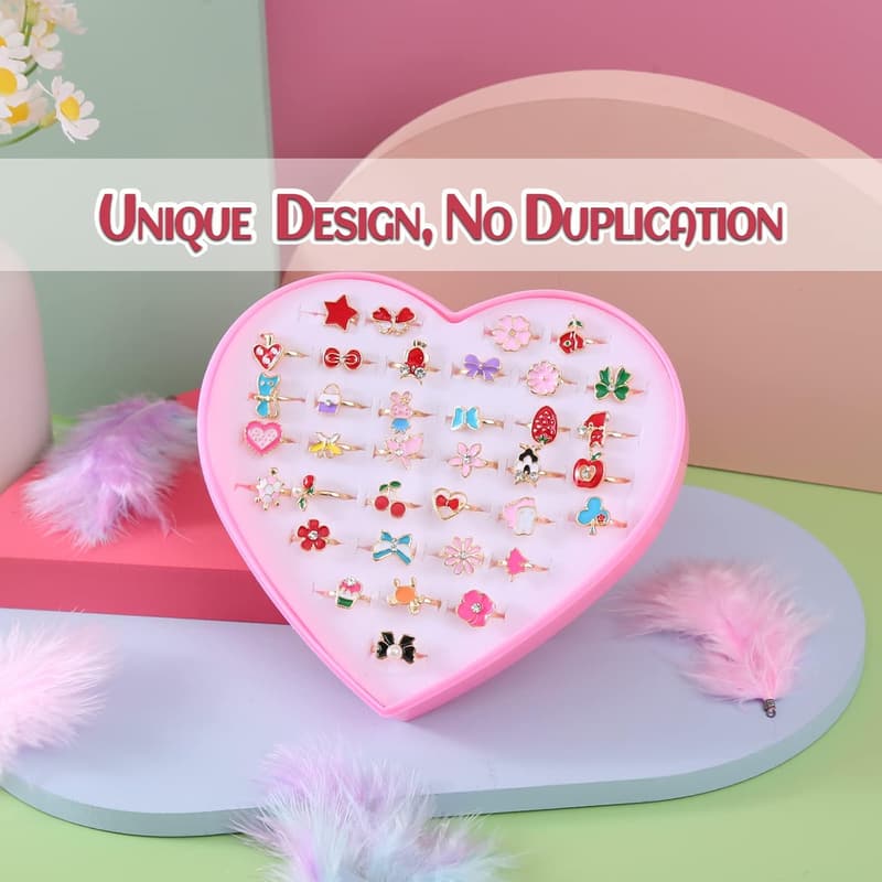 Adjustable 36pcs Dress Up Rings for Girls Ages 4-12