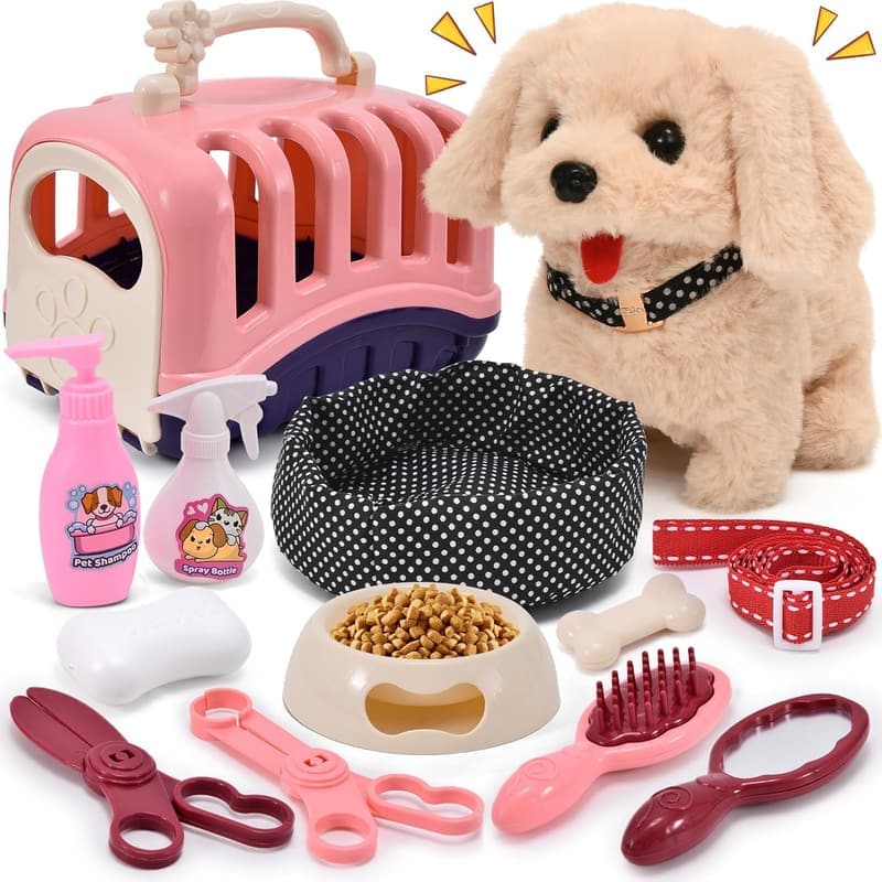 13-Piece Interactive Plush Dog Toy Playset for Kids Ages 3-6