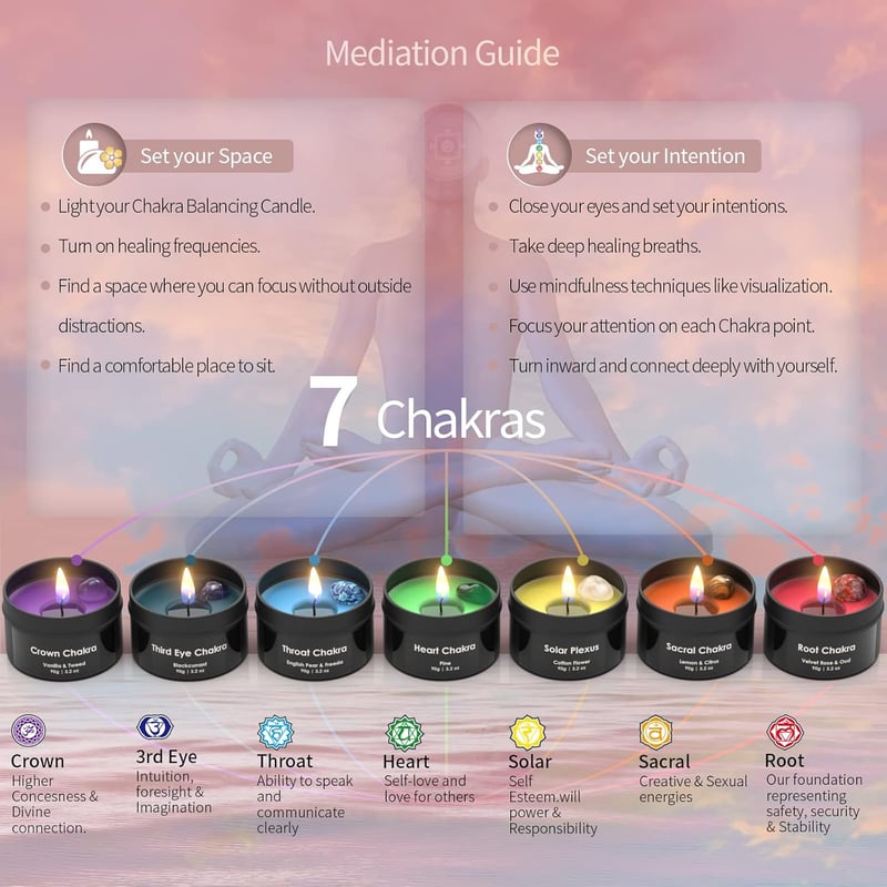 Luxury Chakra Candles Gift Set with Healing Crystals for Meditation