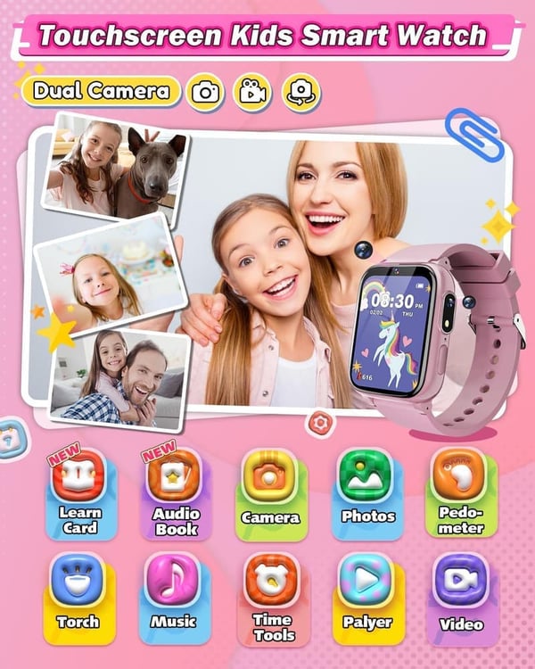 Smartwatch for Girls, Ages 6-10, with Touchscreen & Dual Cameras