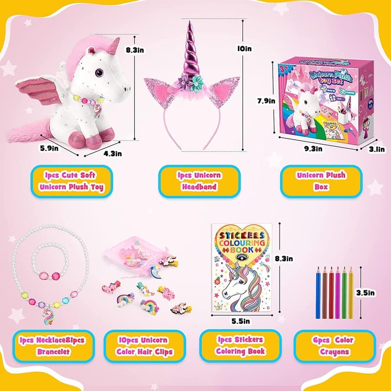 Unicorn Gift Set for Girls: Stuffed Animal, DIY Coloring Book, Headband & Jewelry