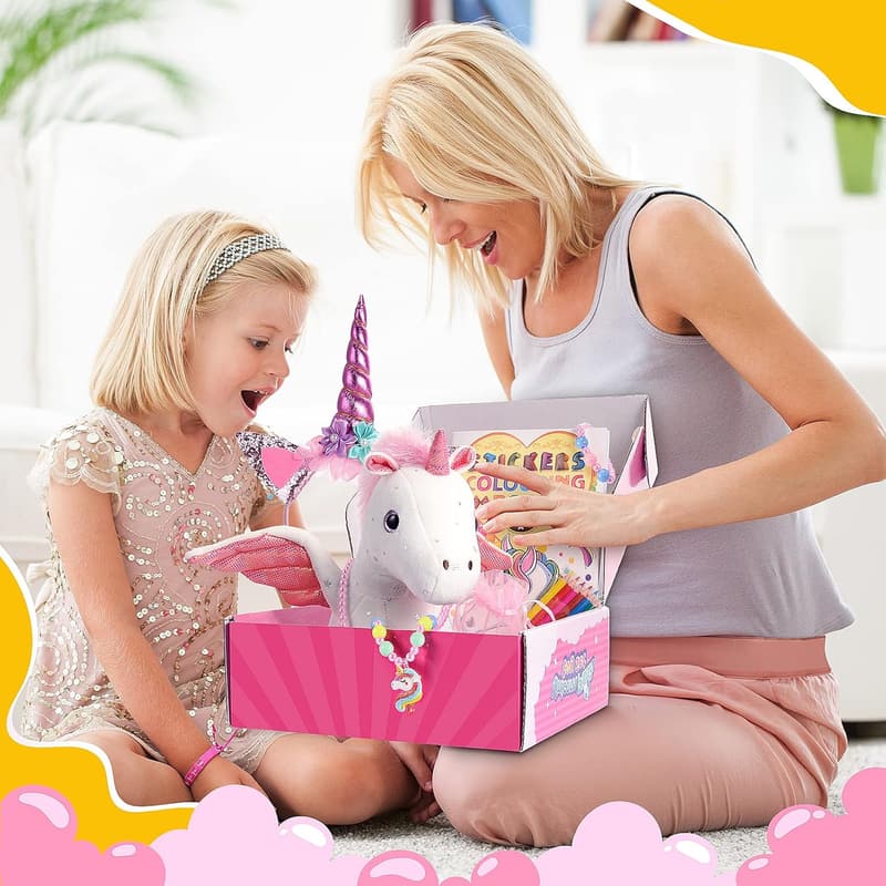 Unicorn Gift Set for Girls: Stuffed Animal, DIY Coloring Book, Headband & Jewelry