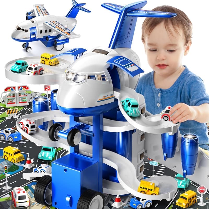 Kids Airplane Toy Racing Tracks with Cars & Playmat - Ages 3-7
