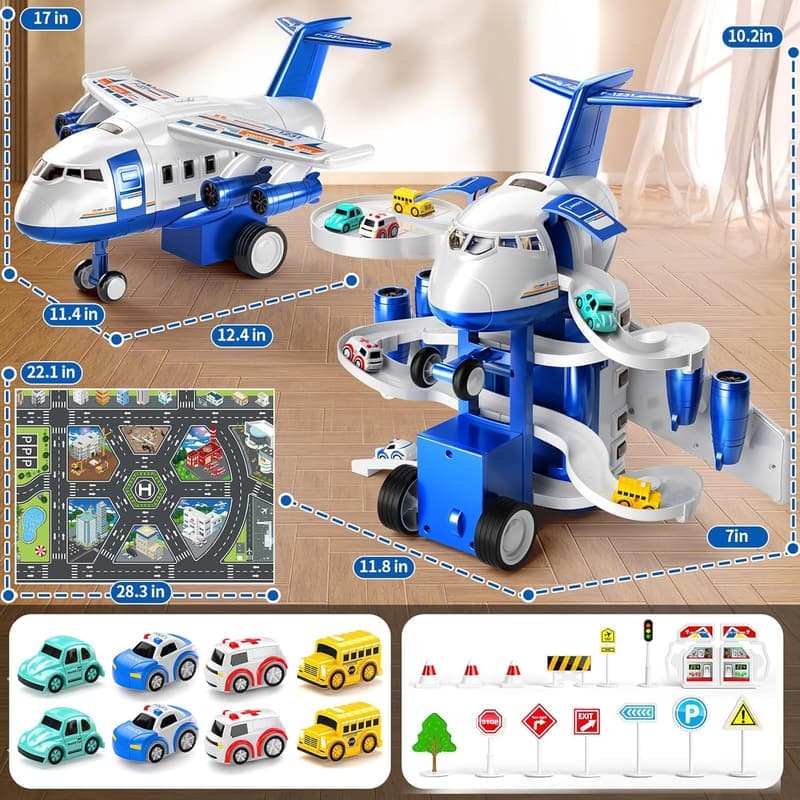 Kids Airplane Toy Racing Tracks with Cars & Playmat - Ages 3-7