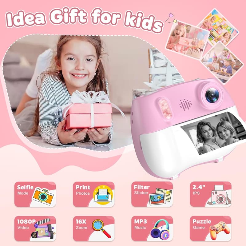 Kids Instant Print Camera - Dual Lens HD for Ages 3-12, Pink