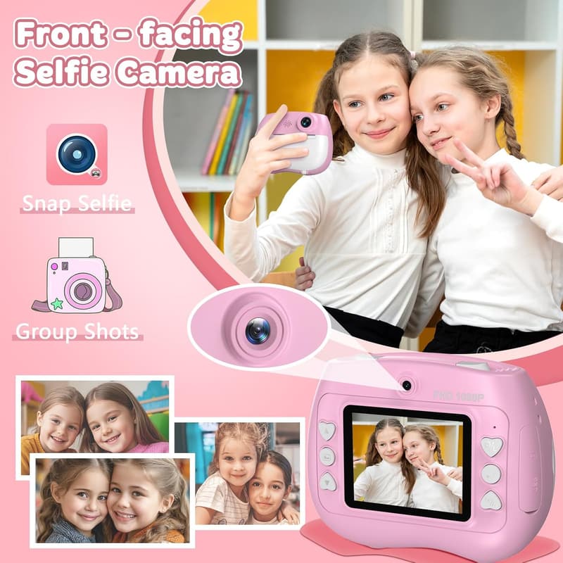 Kids Instant Print Camera - Dual Lens HD for Ages 3-12, Pink