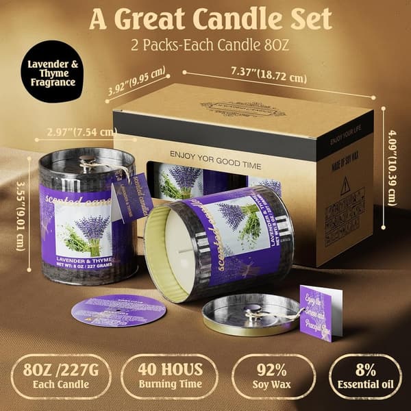 Lavender & Thyme Soy Wax Candle Gift Set - 8 oz (2 Pack)