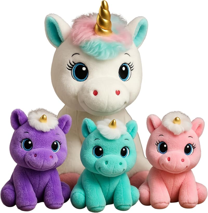 Unicorn Plush Toy Set - Soft Stuffed Animal with 3 Baby Unicorns