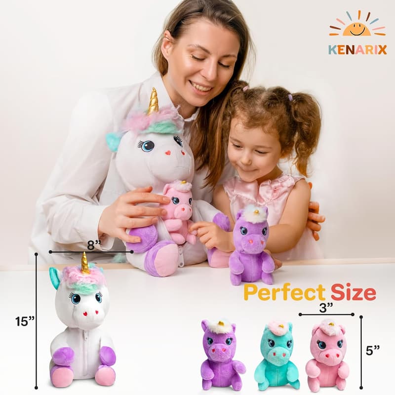 Unicorn Plush Toy Set - Soft Stuffed Animal with 3 Baby Unicorns