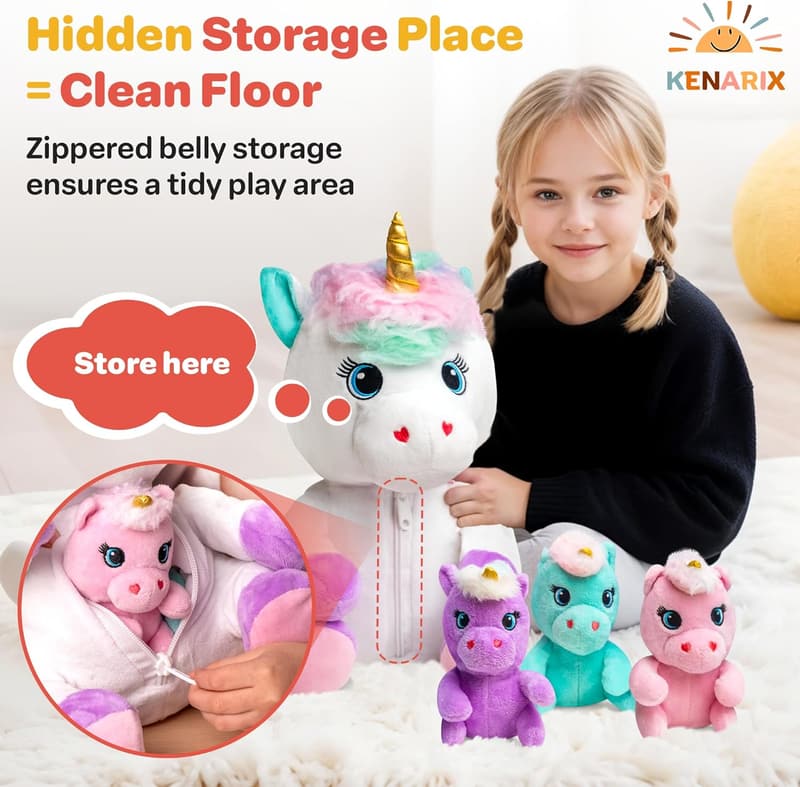 Unicorn Plush Toy Set - Soft Stuffed Animal with 3 Baby Unicorns