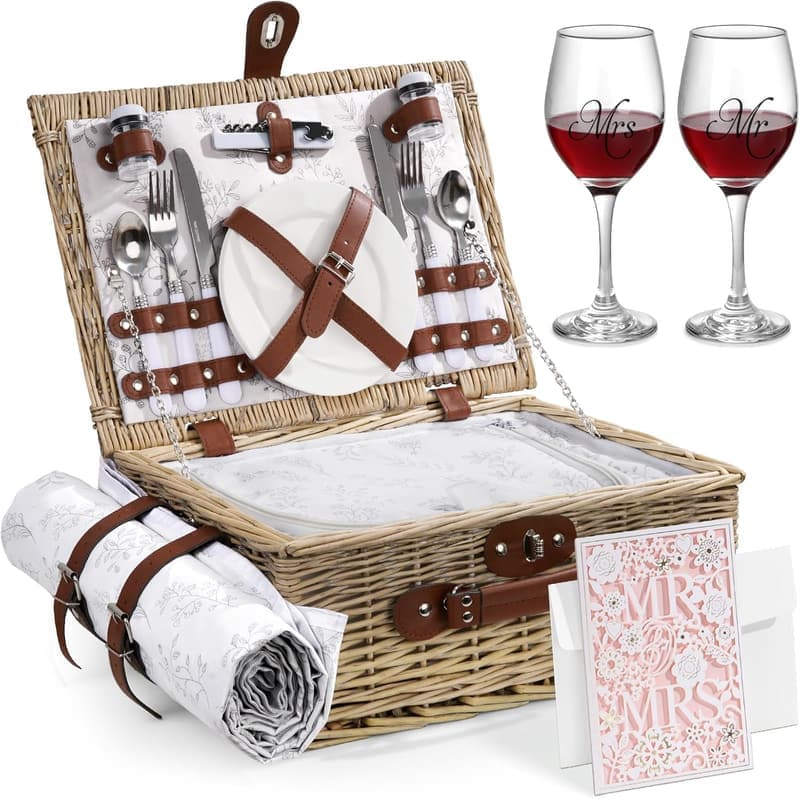 Bridal Shower Picnic Basket Set with Wine Glasses & Blanket