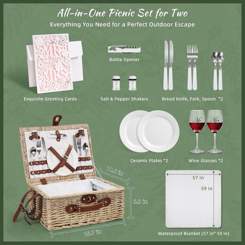 Bridal Shower Picnic Basket Set with Wine Glasses & Blanket