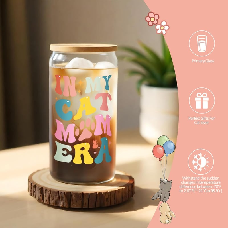 Cat Mom Gifts: Themed Box with 16 oz Glass Cup for Cat Lovers
