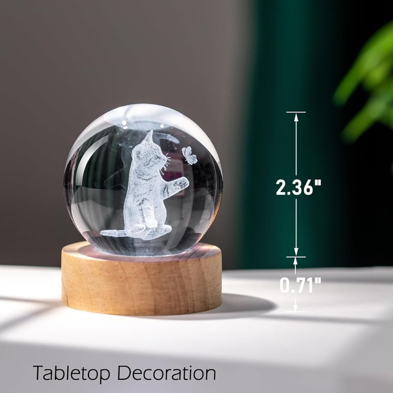 Crystal Ball Cat Figurine with Wooden Base - Gifts for Women