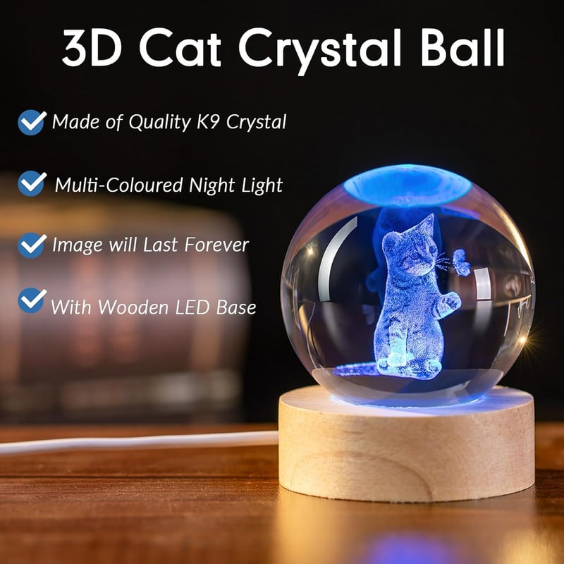 Crystal Ball Cat Figurine with Wooden Base - Gifts for Women