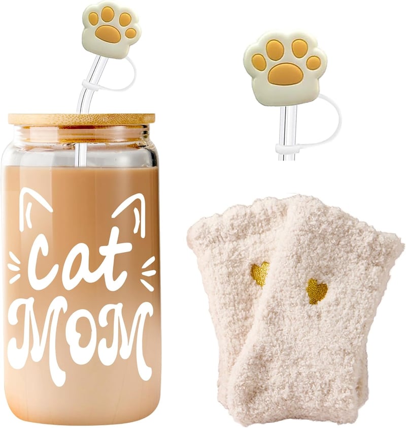 Cat Mom Coffee Glass with Lid & Straw - Perfect Mother's Day Gift