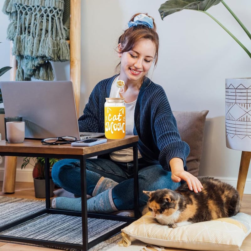 Cat Mom Coffee Glass with Lid & Straw - Perfect Mother's Day Gift
