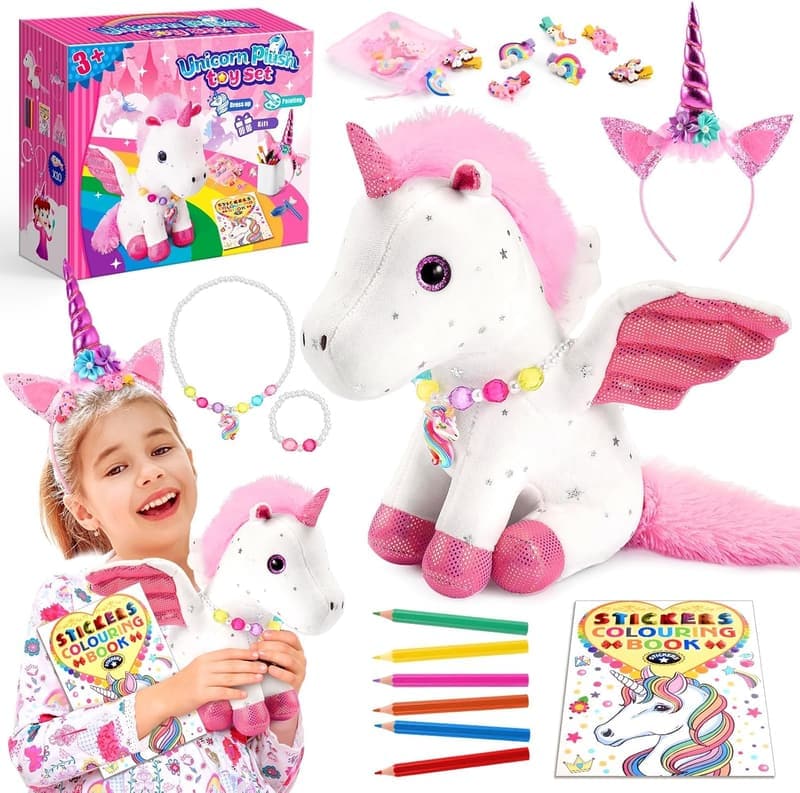 Unicorn Gift Set for Girls: Stuffed Animal, DIY Coloring Book, Headband & Jewelry