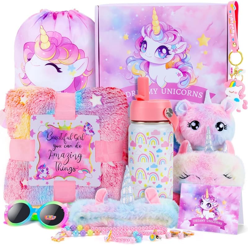 Unicorn Birthday Gift Set for Girls - 12PCS with Glowing Blanket