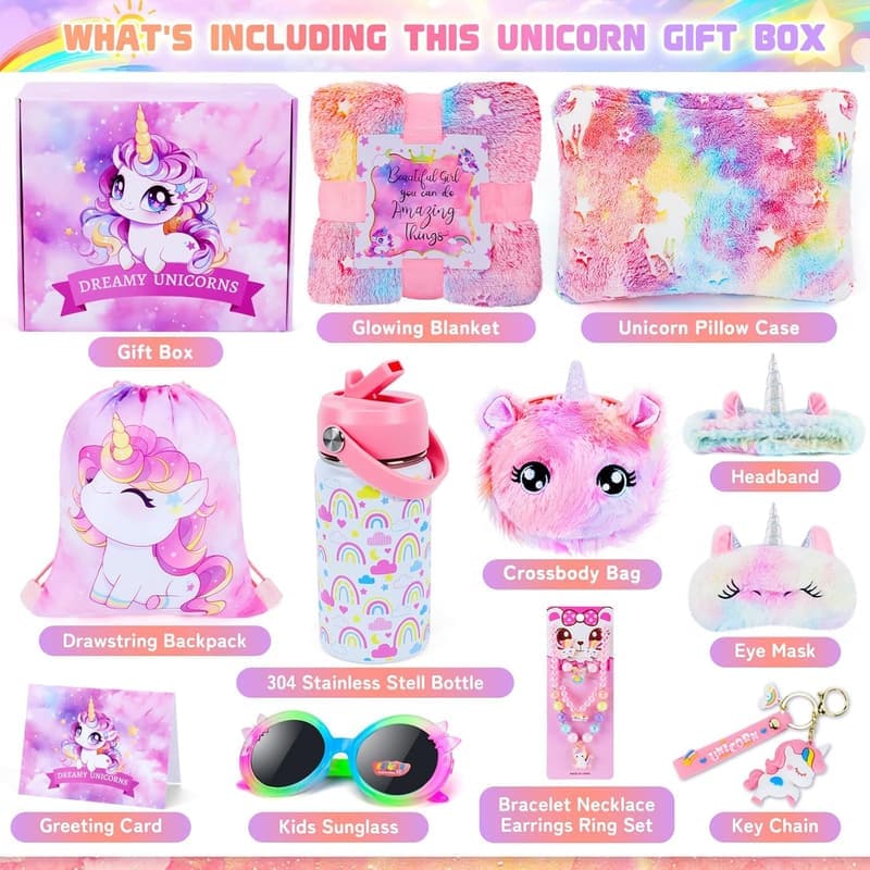 Unicorn Birthday Gift Set for Girls - 12PCS with Glowing Blanket