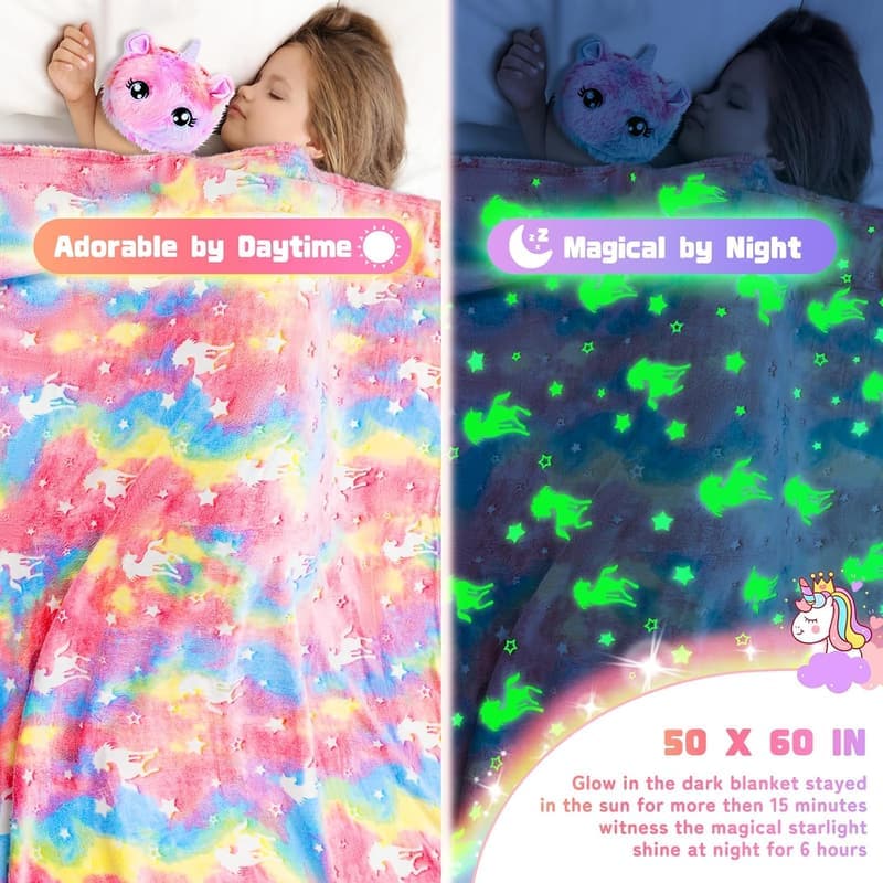 Unicorn Birthday Gift Set for Girls - 12PCS with Glowing Blanket