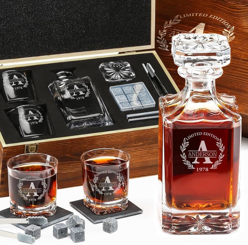 Personalized Whiskey Decanter Set with Granite Stones for Dad