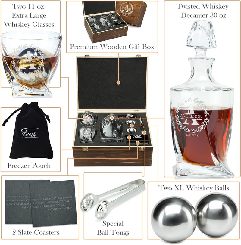 Engraved Whiskey Decanter Set for Him - Personalized Gift for Dad