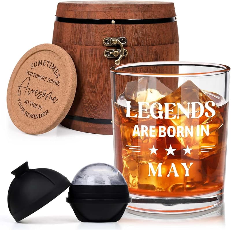May Birthday Whiskey Glass Set with Wooden Barrel - 10 Oz
