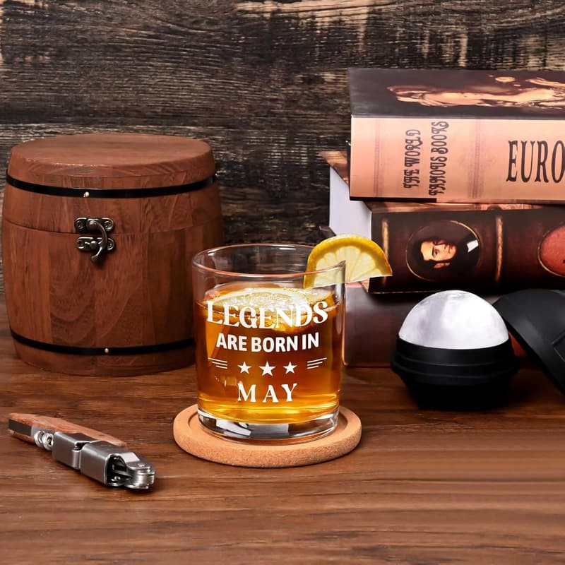 May Birthday Whiskey Glass Set with Wooden Barrel - 10 Oz