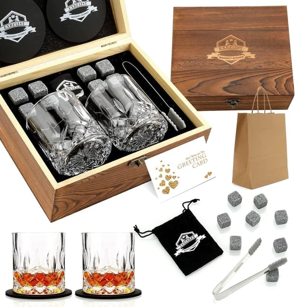 Whiskey Stones Gift Set - Granite Chilling Rocks & Glasses for Men